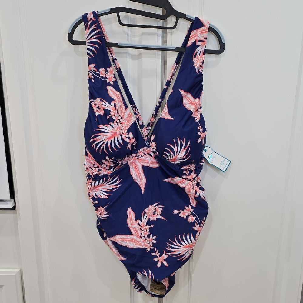 Tropical Navy and Pink Kids One Piece Swimsuit